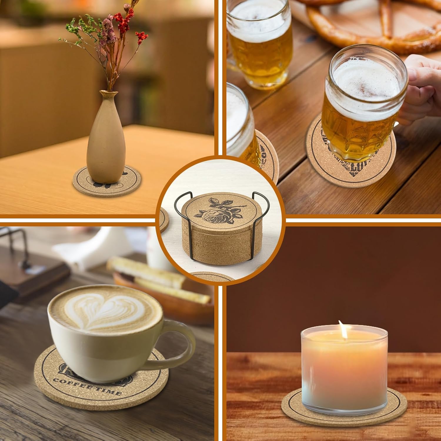 Coasters Glasses, 12 Pieces Cork Coasters with Coaster Holder, Absorbent Glass Coasters, Beer Mats, Decoration for Table Living Room