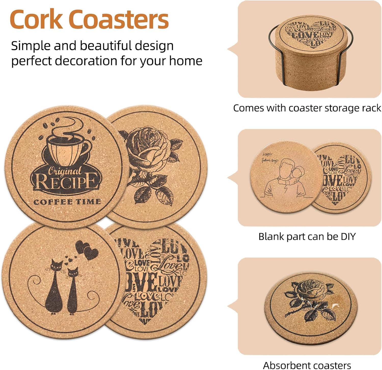Coasters Glasses, 12 Pieces Cork Coasters with Coaster Holder, Absorbent Glass Coasters, Beer Mats, Decoration for Table Living Room