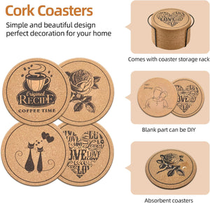 Coasters Glasses, 12 Pieces Cork Coasters with Coaster Holder, Absorbent Glass Coasters, Beer Mats, Decoration for Table Living Room
