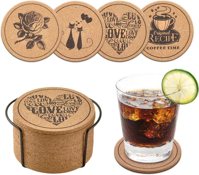 Coasters Glasses, 12 Pieces Cork Coasters with Coaster Holder, Absorbent Glass Coasters, Beer Mats, Decoration for Table Living Room